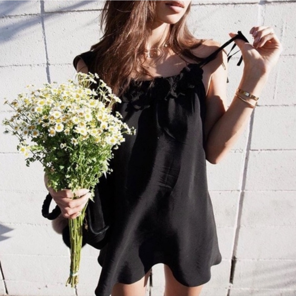 For Love & Lemons black floral Applique Hi lo strappy dress